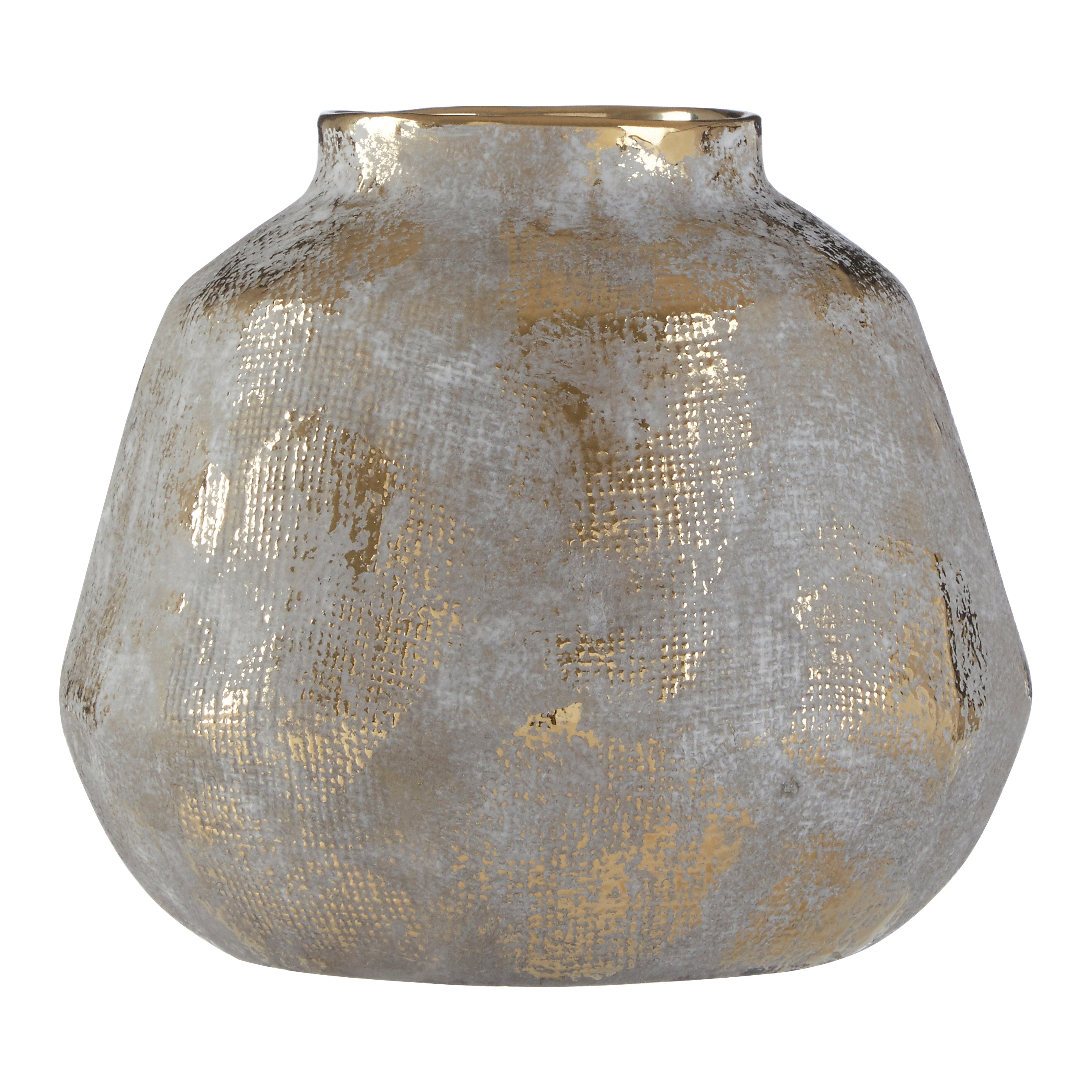 Arlo Grey & Gold Distressed Ceramic Vase Wide